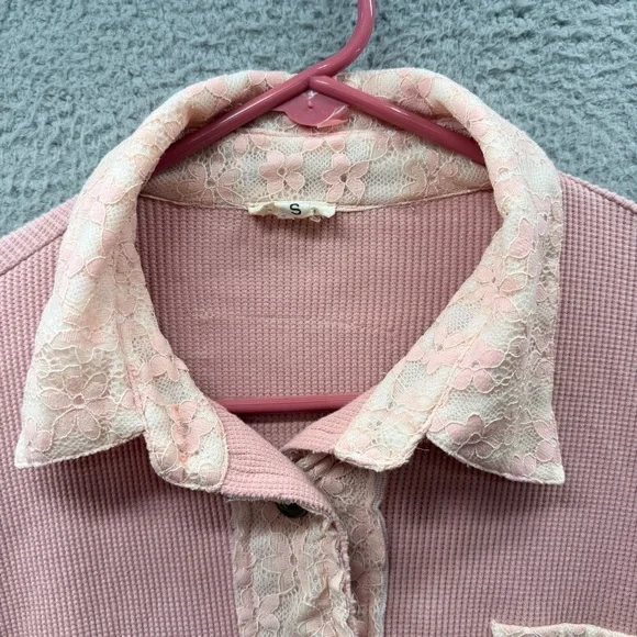 POL Patchwork Lace Dusty Pink Button Up Shirt Top Floral Oversized Boho Size S - Picture 8 of 13